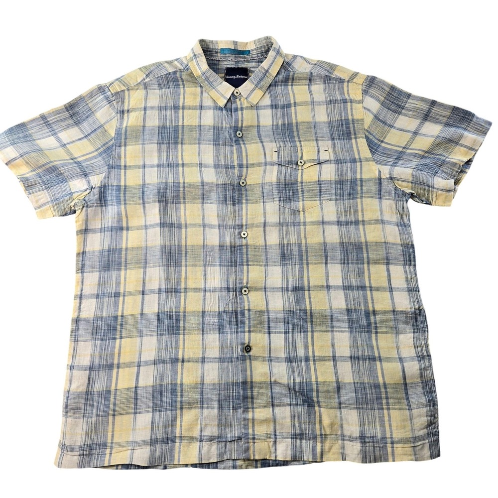 Tommy Bahama Shirt Mens XL Blue Short Sleeve Button Up Plaid Linen Relaxed Fit